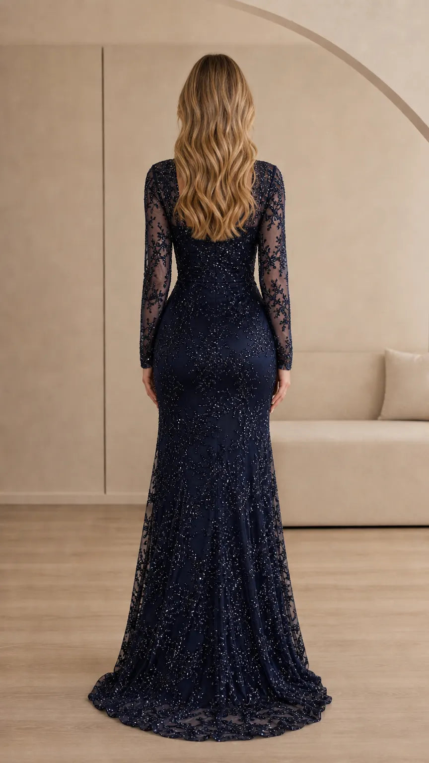 Square Neck Long Sleeve Sequin Embroidered Mermaid Evening Gown with Train