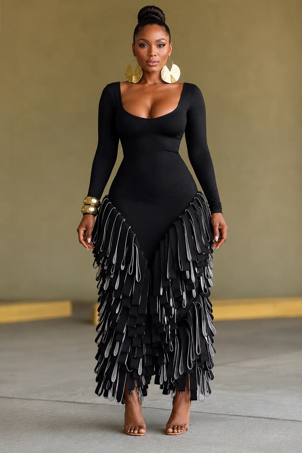 Long Sleeve U‑Neck Layered Fringe Maxi Dress