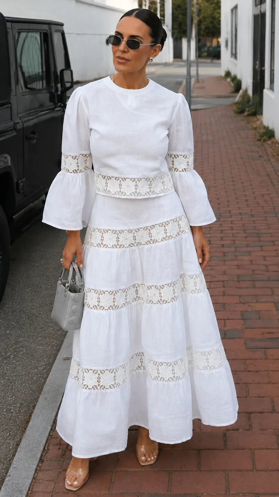 White Lace Insert Two‑Piece Maxi Skirt Set