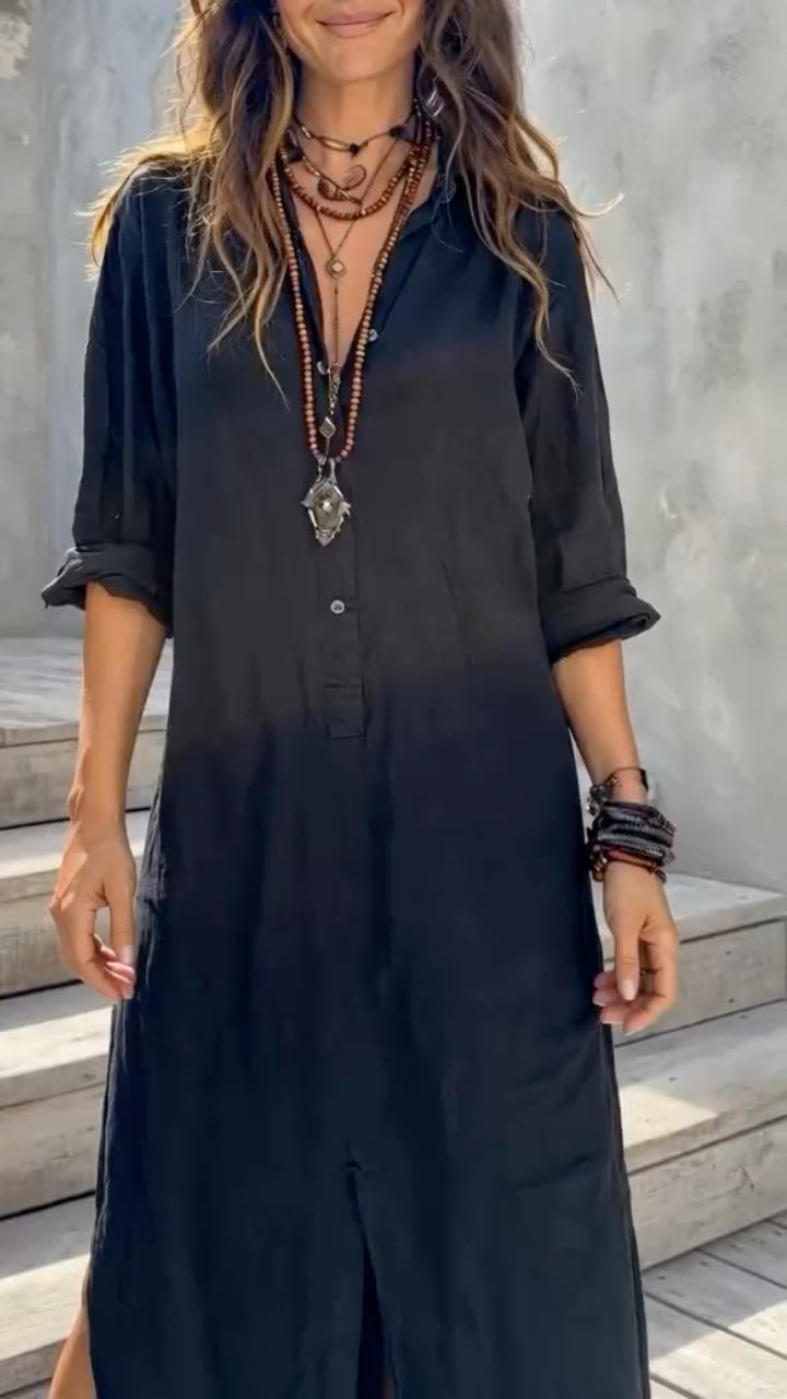 Black Linen Shirt Maxi Dress