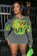 Graphic Print Round Neck Long Sleeve Casual Mini Dresses-Gray [Pre Order]