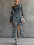 Blue chiffon stretch off-shoulder slit maxi dress