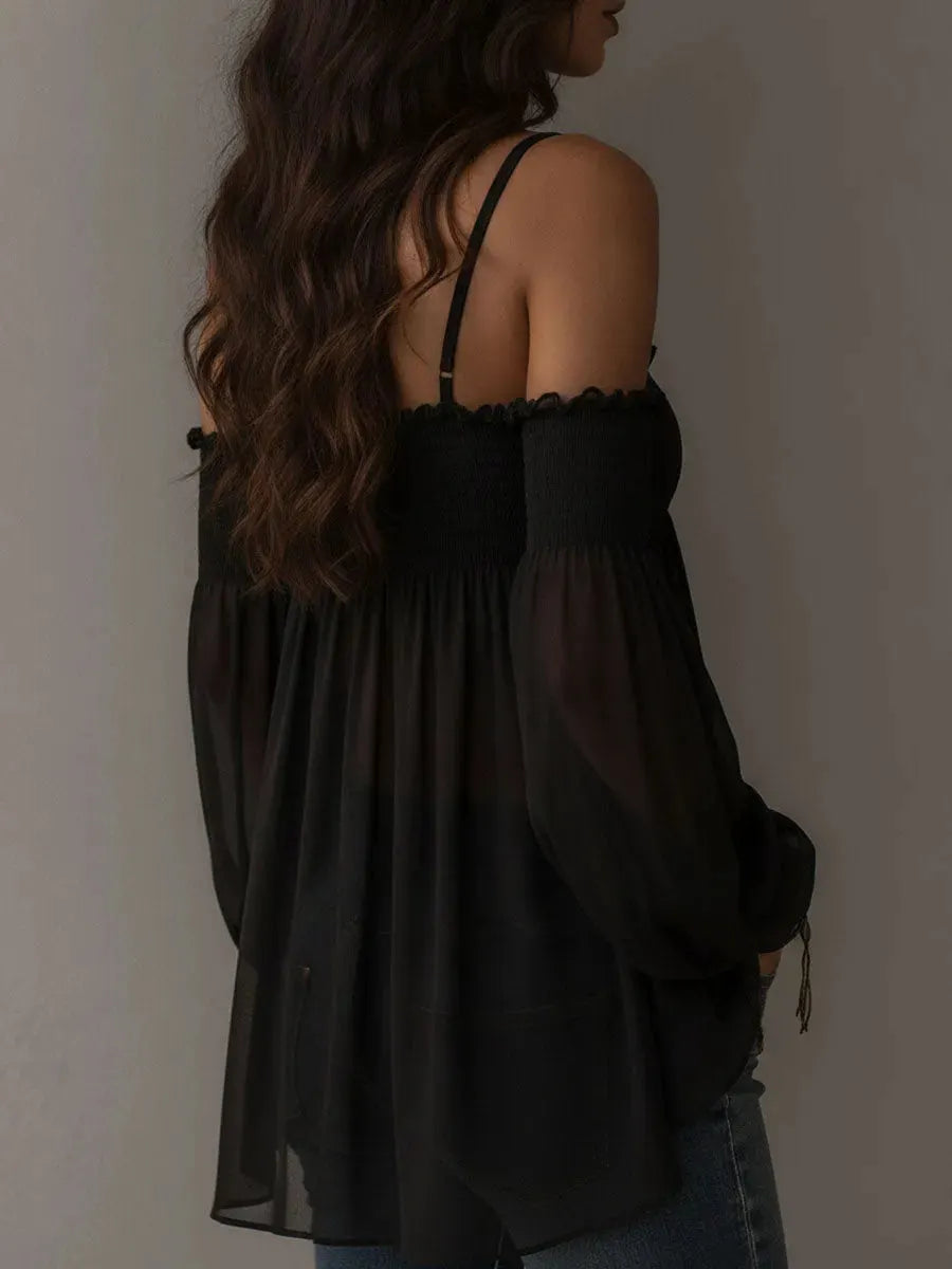 Boho Romantic Black Sheer Chiffon Smocked Bodice Blouse