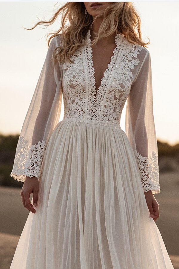 Bohemian Lace Dress White Deep V Long Sleeve Maxi Dress