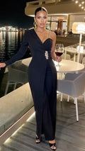Black Crystal One-Shoulder Wide-Leg Jumpsuit