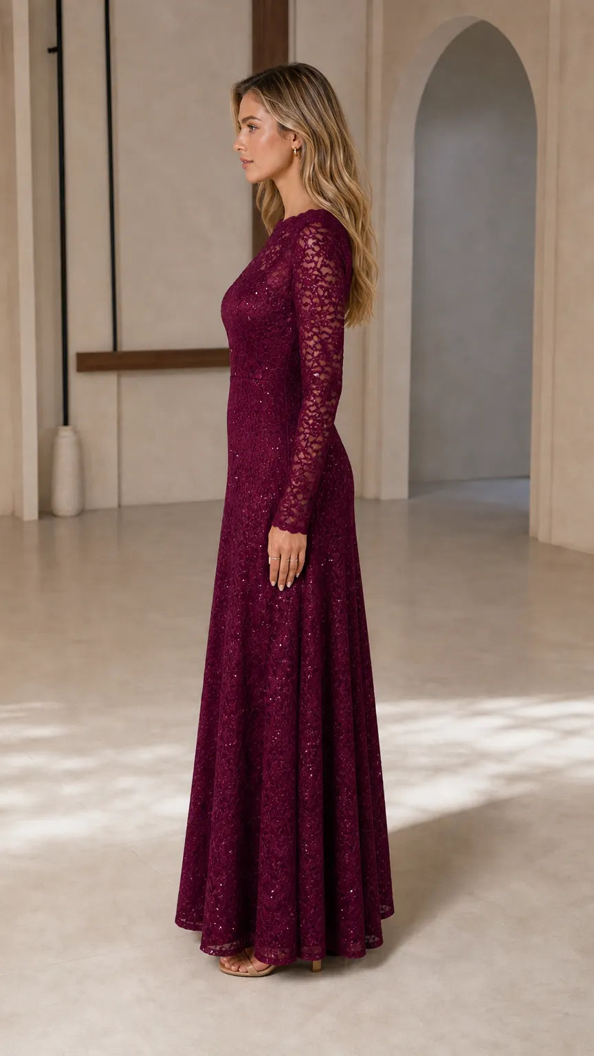 Women's Long-Sleeve Sequin Lace Evening Gown