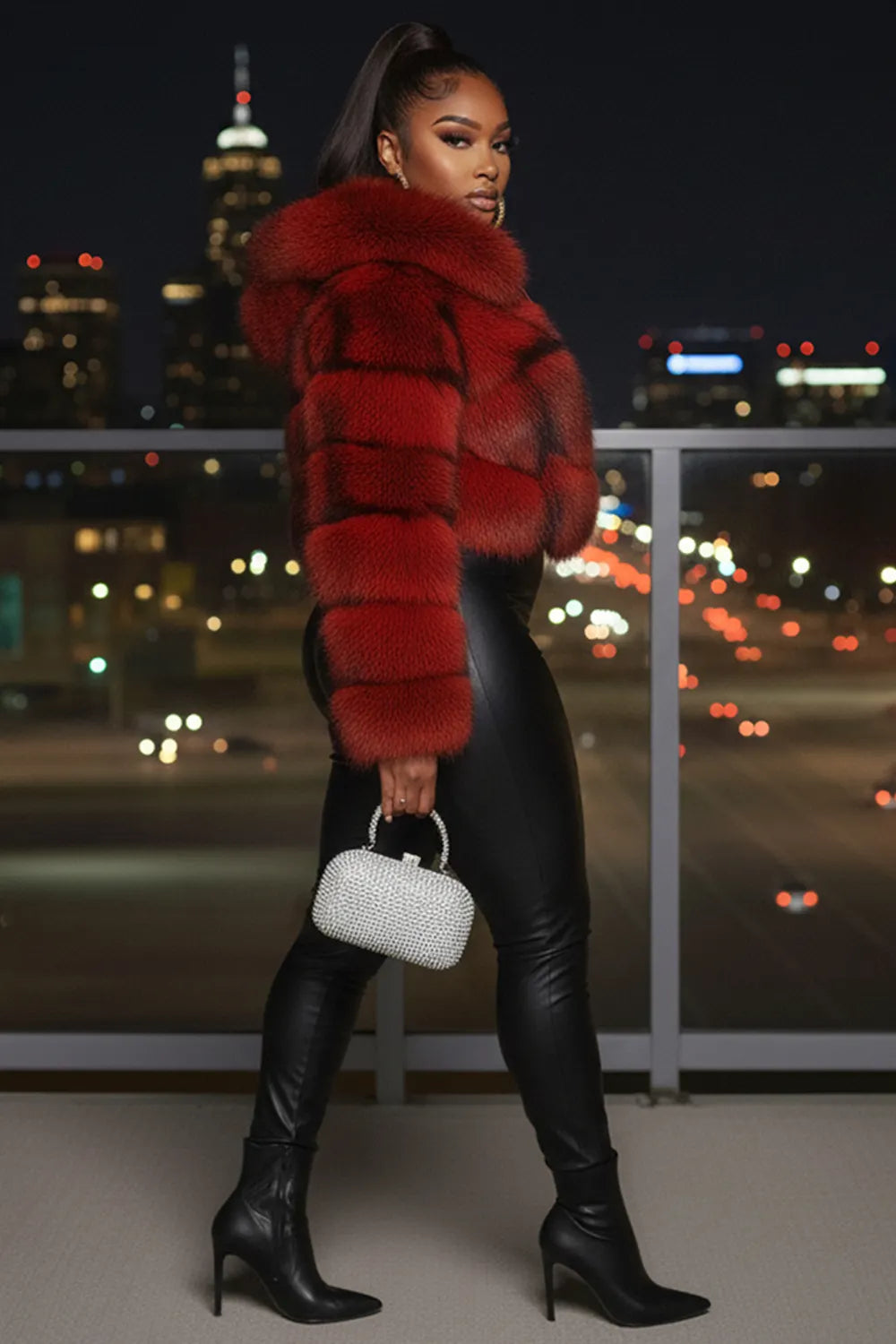 Ombre Faux Fur Zip-Up Hoodie Long Sleeve Crop Jacket-Red