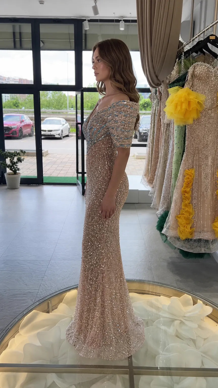 Deep Plunge Embellished Sequin Mermaid Evening Gown