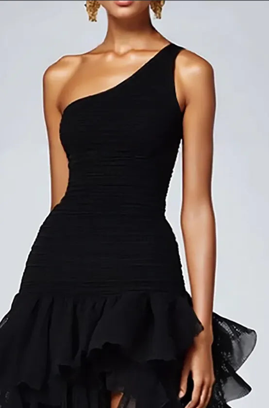 Cocoslly One Shoulder Sleeveless High Waist Long Prom Dress With Split And Ruffles | Black Satin And Tulle CO0151