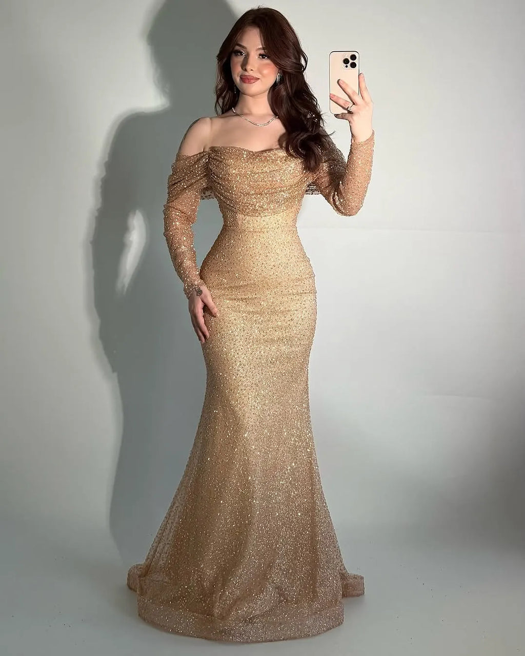 Glamorous  Champagne Off-The-Shoulder Long Sleeves Pleated Mermaid Prom Dress YK0262