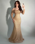 Glamorous  Champagne Off-The-Shoulder Long Sleeves Pleated Mermaid Prom Dress YK0262