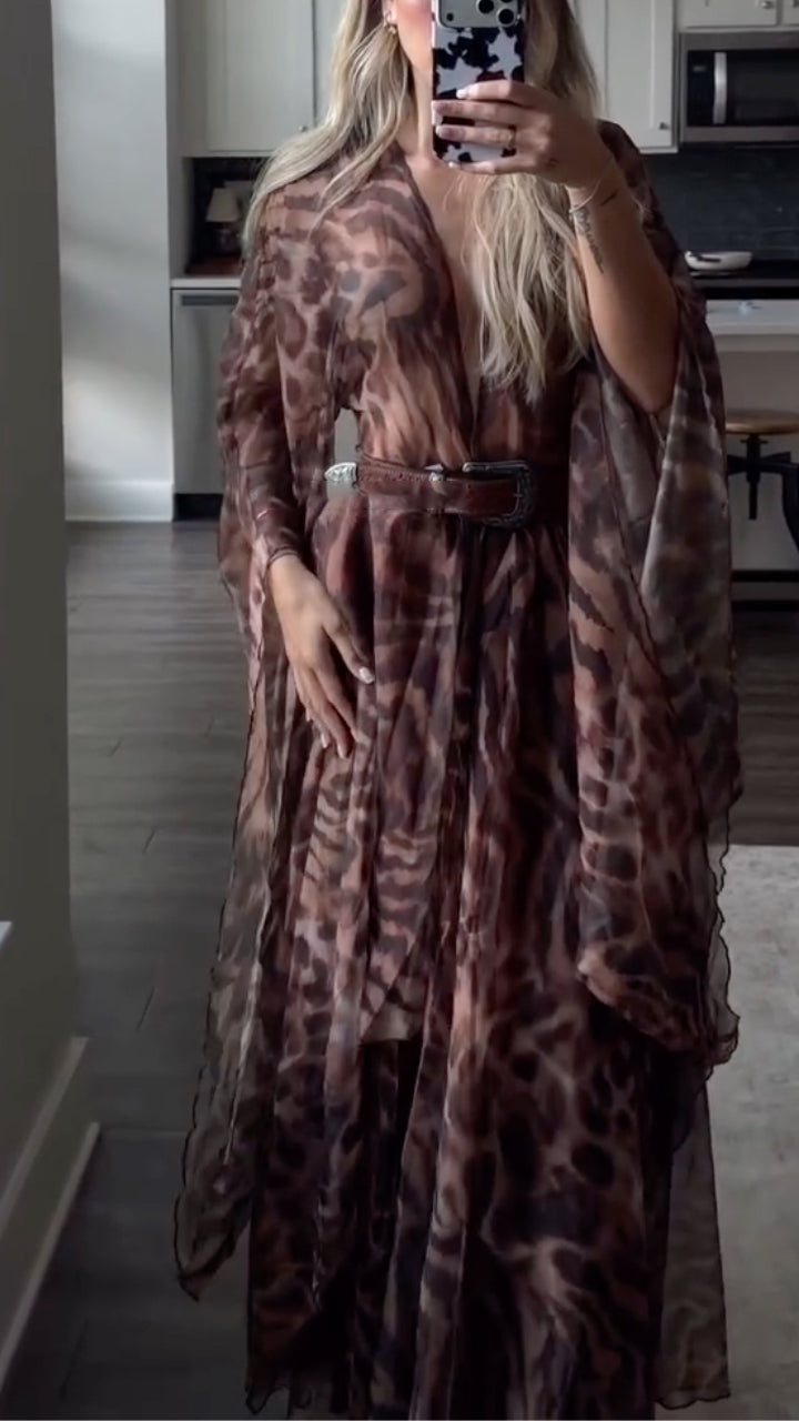 Brown Leopard Print Chiffon Wrap Maxi Dress