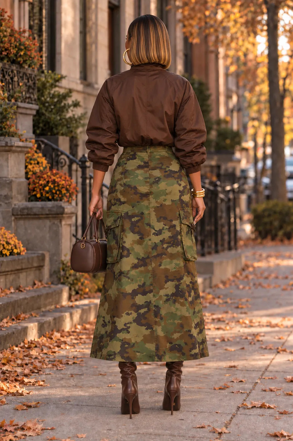 Brown Bomber Jacket & Camo Cargo Slit Maxi Skirt Set