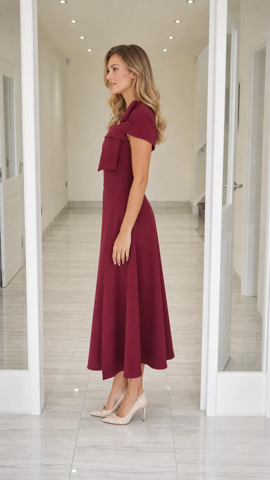 Elegance Bow Accent Square Neck Midi Dress