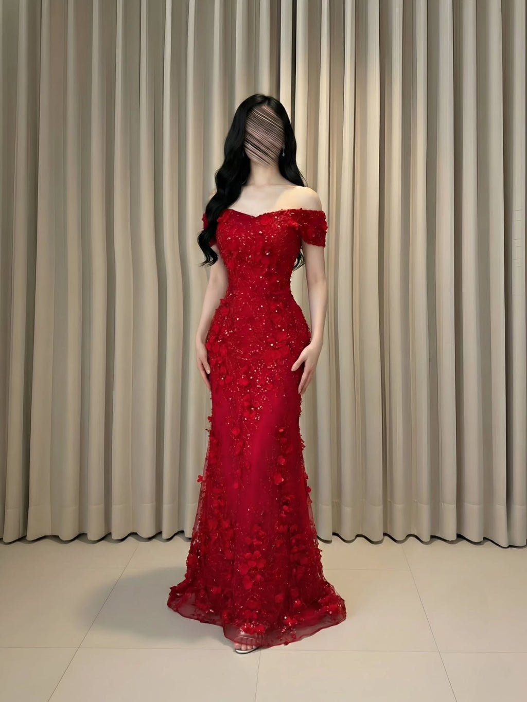 Cocoslly Off-The-Shoulder Sleeveless High Waist Long Prom Dress With Pearls And Sequins | Red SatinAnd Tulle CO0047