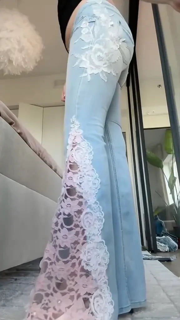 Light Wash Pink Lace Bell Bottom Jeans