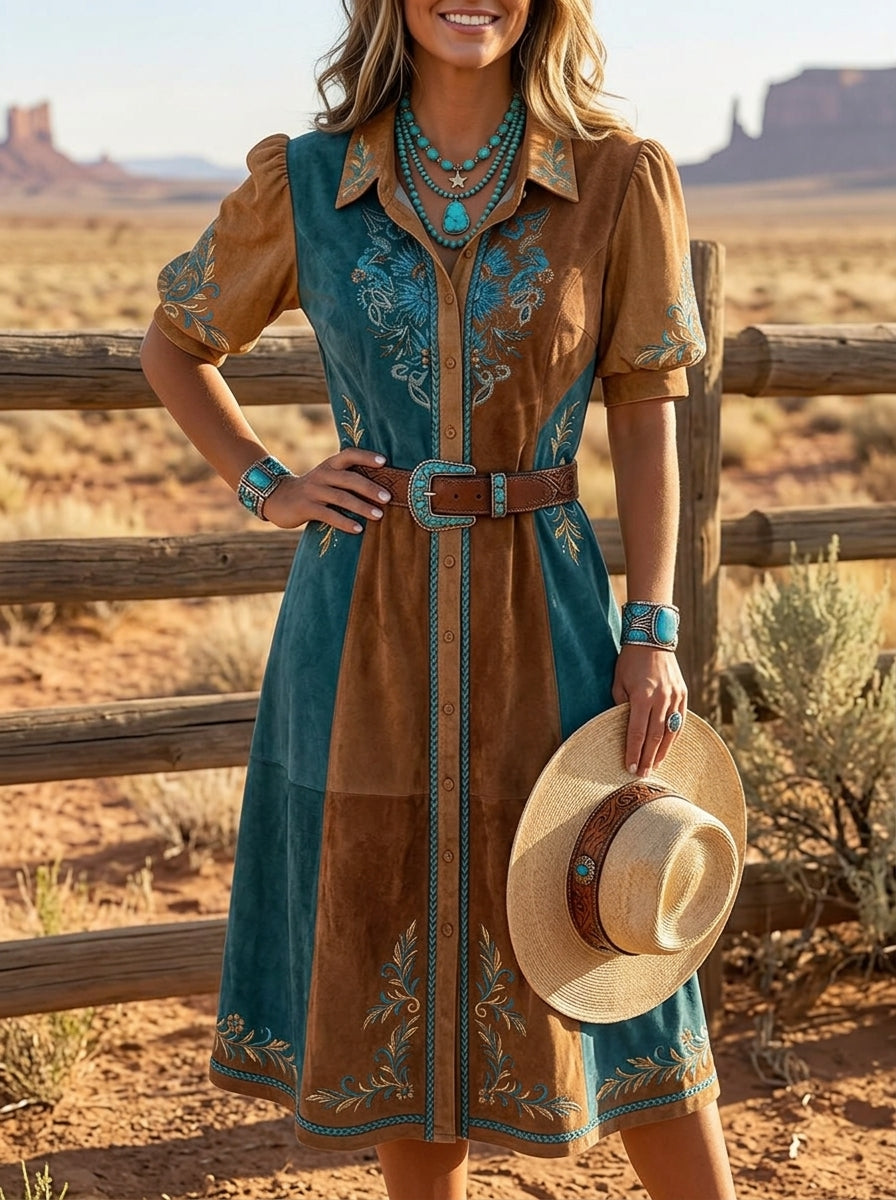 Vintage Western Art Print Casual Puff Sleeve Lapel Dress
