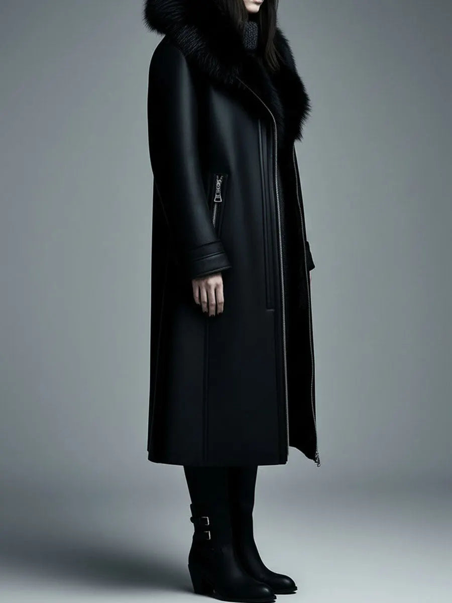 Women Fur Trim Warm Lined Hooded Eco Leather Trench Coat