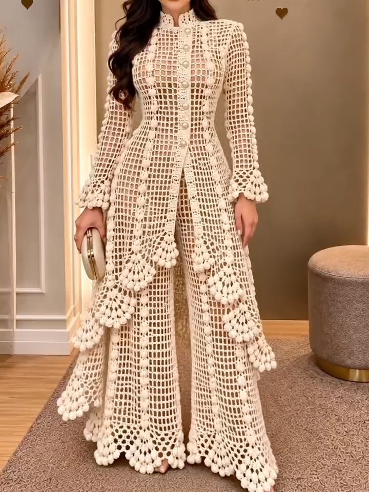 Ivory Openwork Crochet Longline Top & Wide-Leg Pants Set
