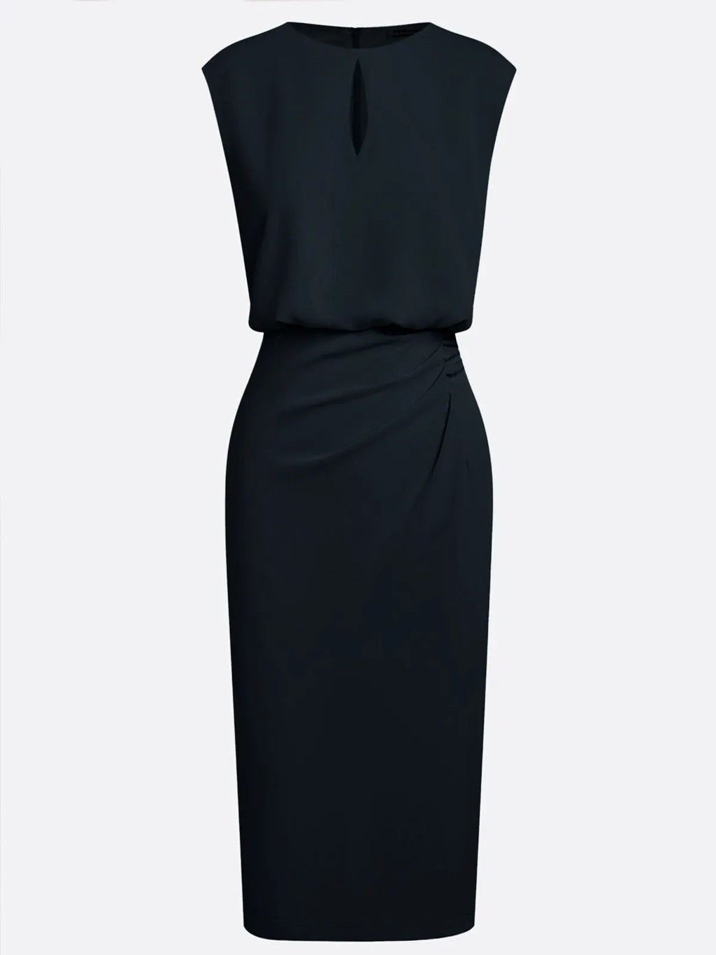 Black Ruched Cut Out Classic Crew Neck Cap Sleeve Sheath Midi Dress