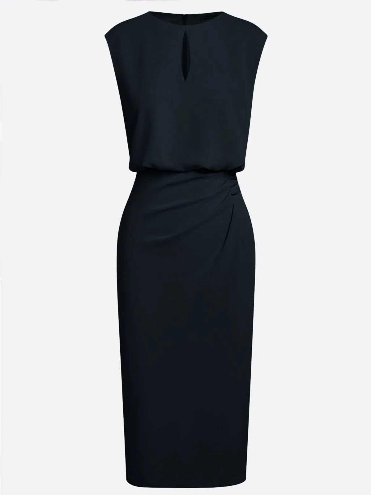 Black Ruched Cut Out Classic Crew Neck Cap Sleeve Sheath Midi Dress