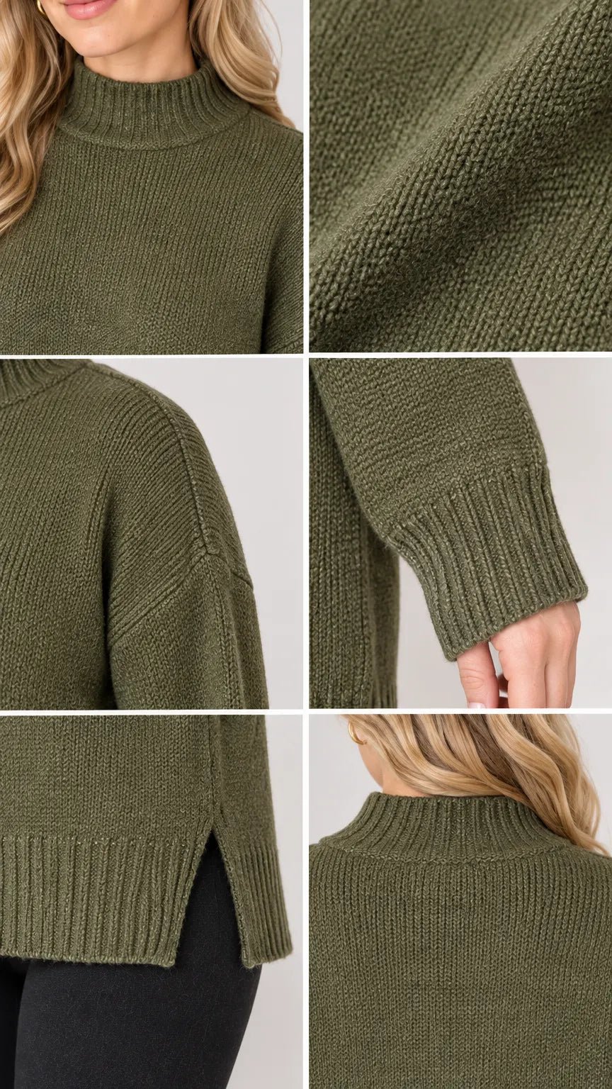 Women's Mock Neck Side Slit Knit Sweater Relaxed Fit Pullover