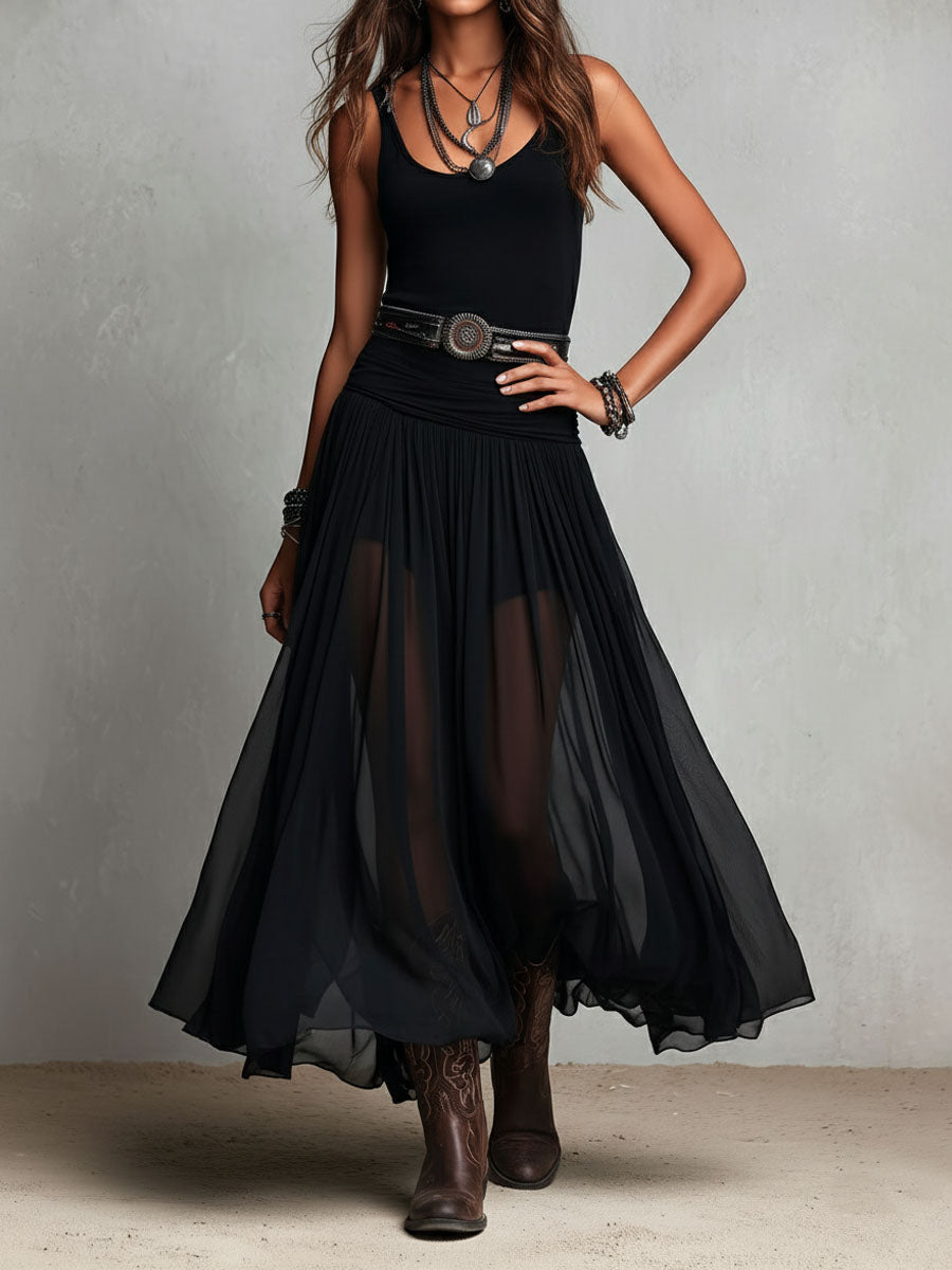 Boho Western Black  Stretchy Maxi  Dress With Sheer Skirt