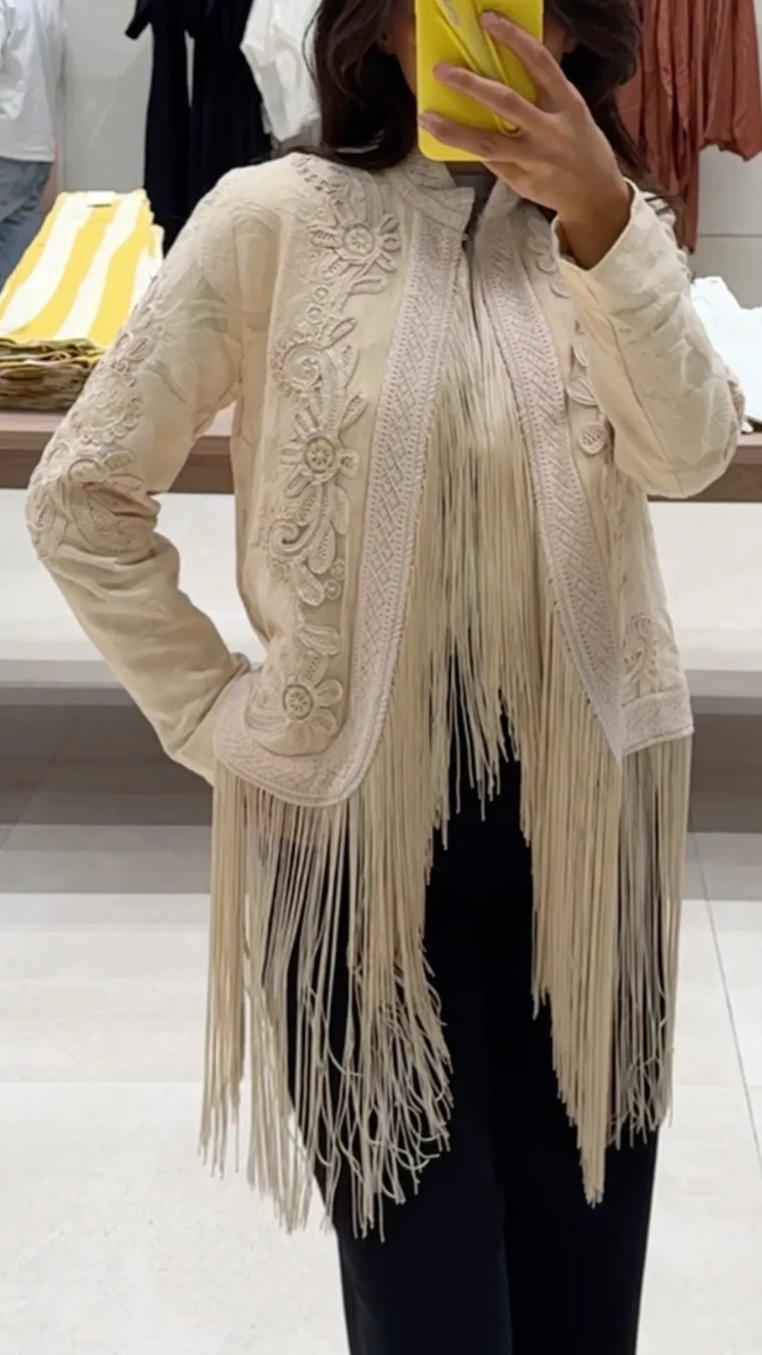 Cream Floral Embroidered Fringe Boho Jacket