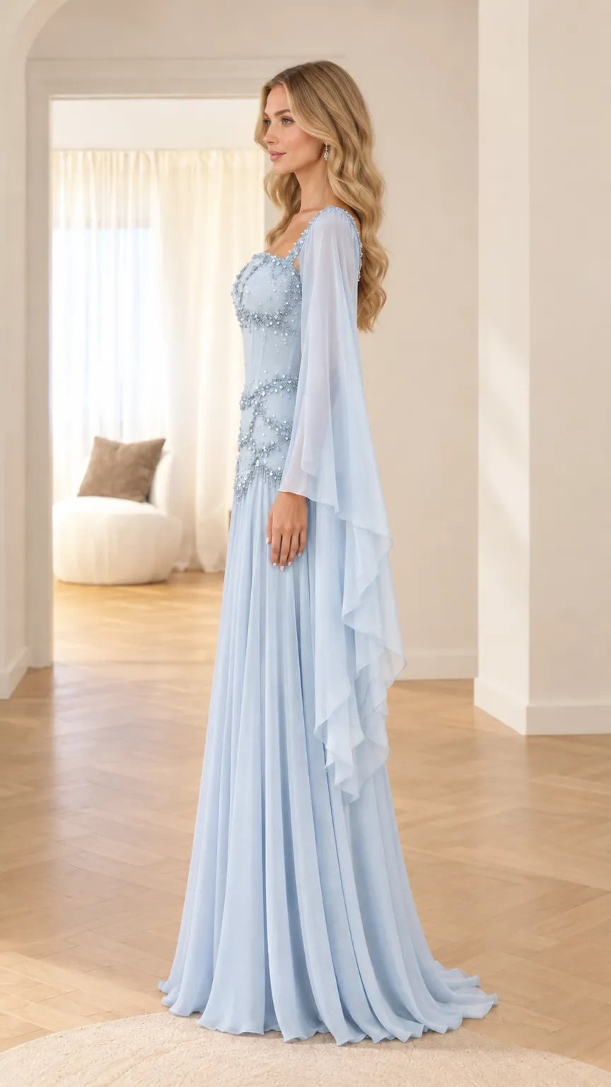 Embellished Corset Maxi Gown with Draped Wing Sleeves
