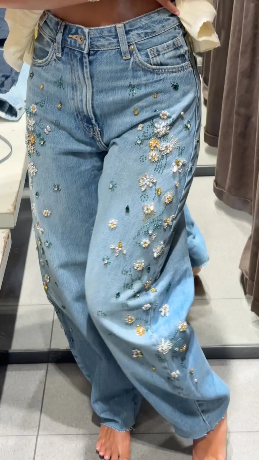 Floral Beaded Rhinestone Straight Leg Jeans