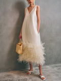 Women's Elegant Champagne Satin V-Neck Sleeveless Maxi Dress MDZ1690F8LXY