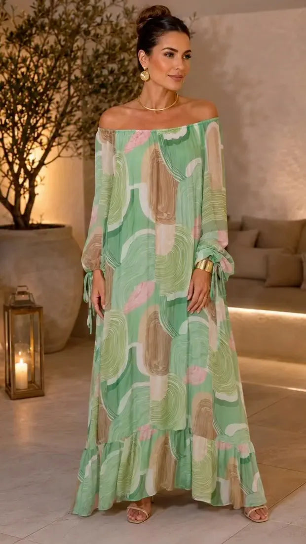 ## Abstract Print Off‑Shoulder Maxi Dress