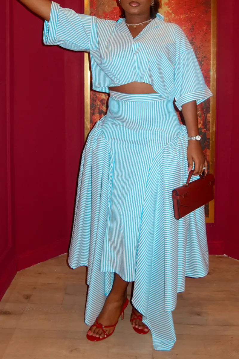 Stripe Cropped Shirt & Asymmetrical Maxi Skirt Two‑Piece Set