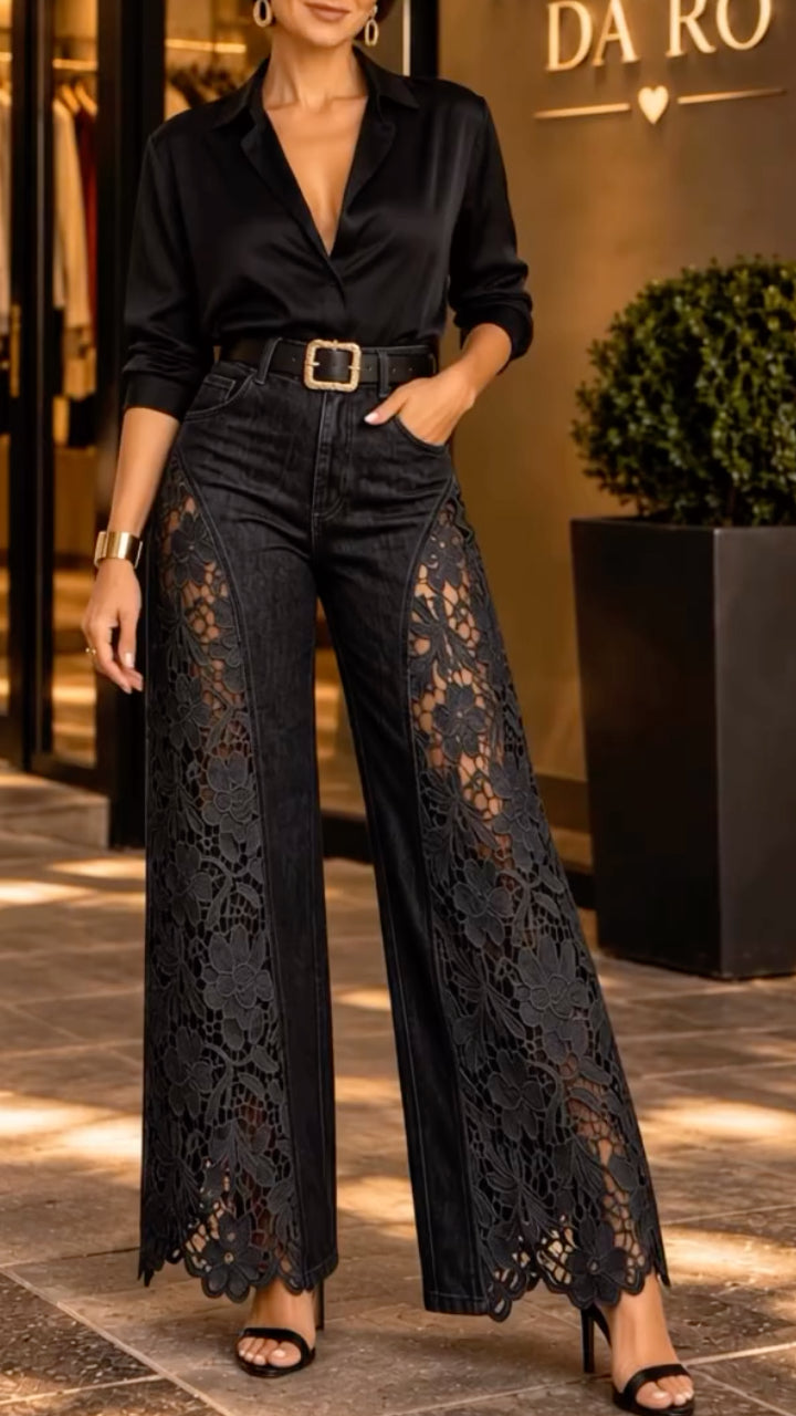 Black Floral Lace-Panel Wide-Leg Jeans