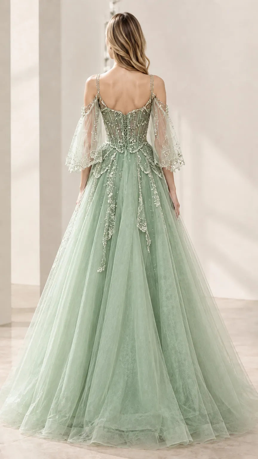 Embroidered Corset Tulle Evening Gown with Cold-Shoulder Flutter Sleeves