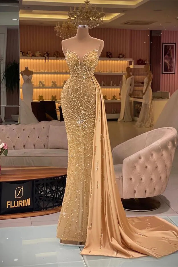 Elegant Gold Mermaid Sleevelss Sweetheart Evening Dress Ruffle With Rhinestone Beadings ED0455