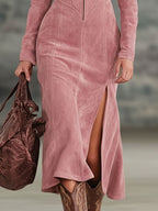 Lapel Collar Zip-up Side-slit Embroidered Faux Suede Long-sleeved Midi Dress