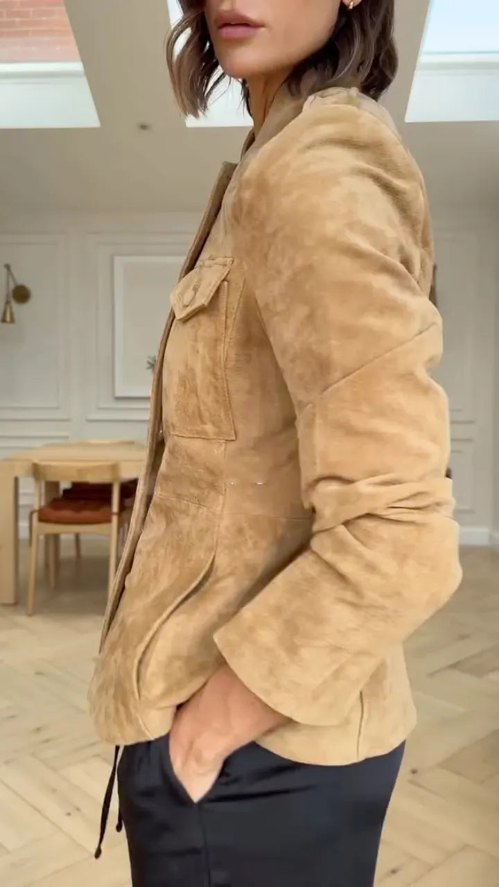 Camel Suede Fitted Military Jacket