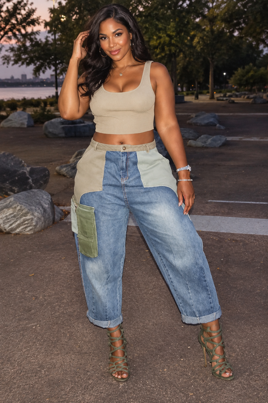 Colorblock Cargo Barrel-Leg Jeans