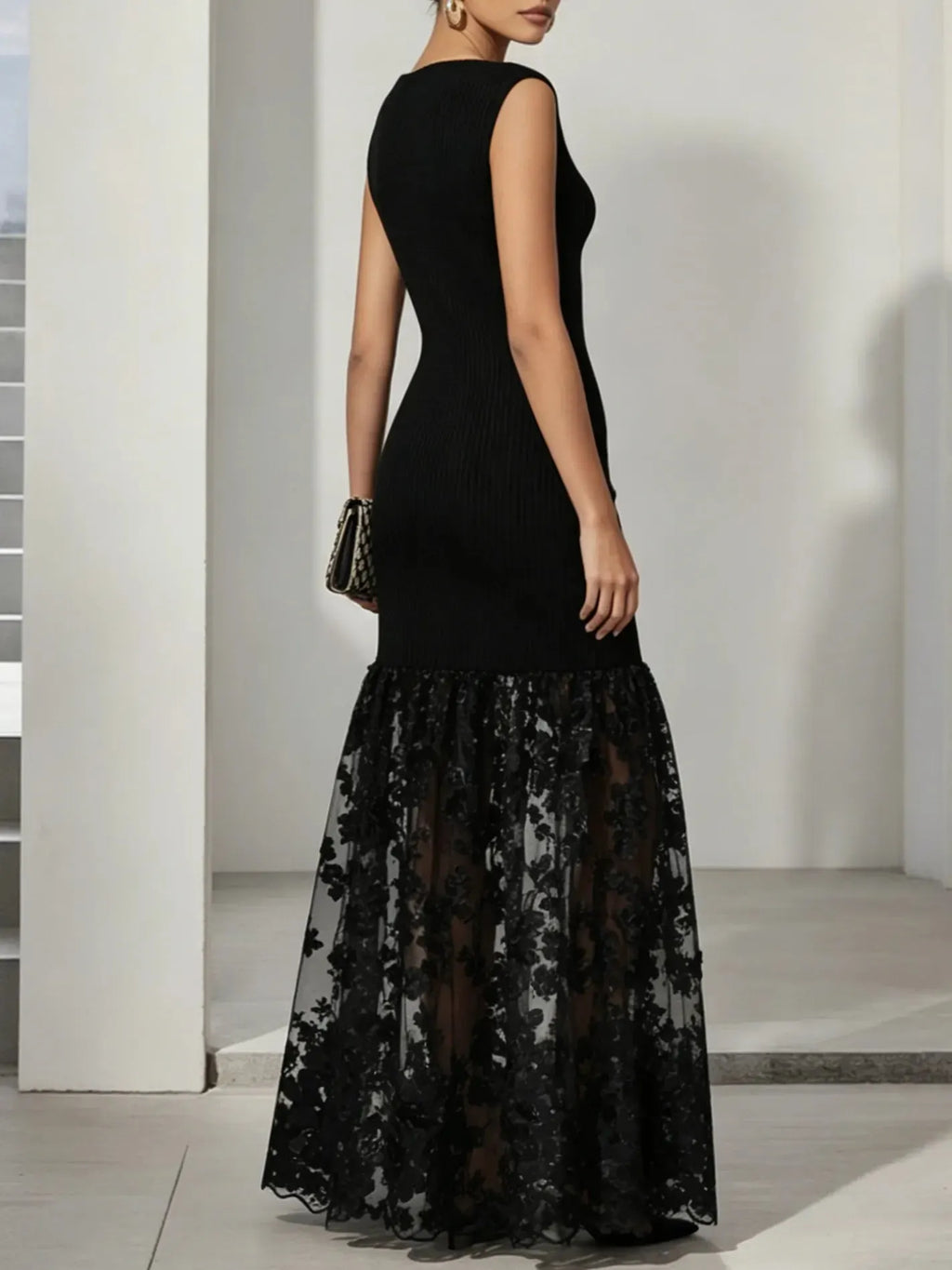 Black Lace Applique Knit Boat Neck Sleeveless A-Line Floor-length Gown Dress