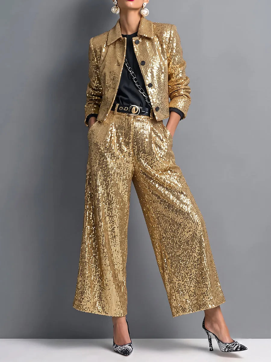 Chic Gold Sequin Sparkle Wide-Leg Trousers