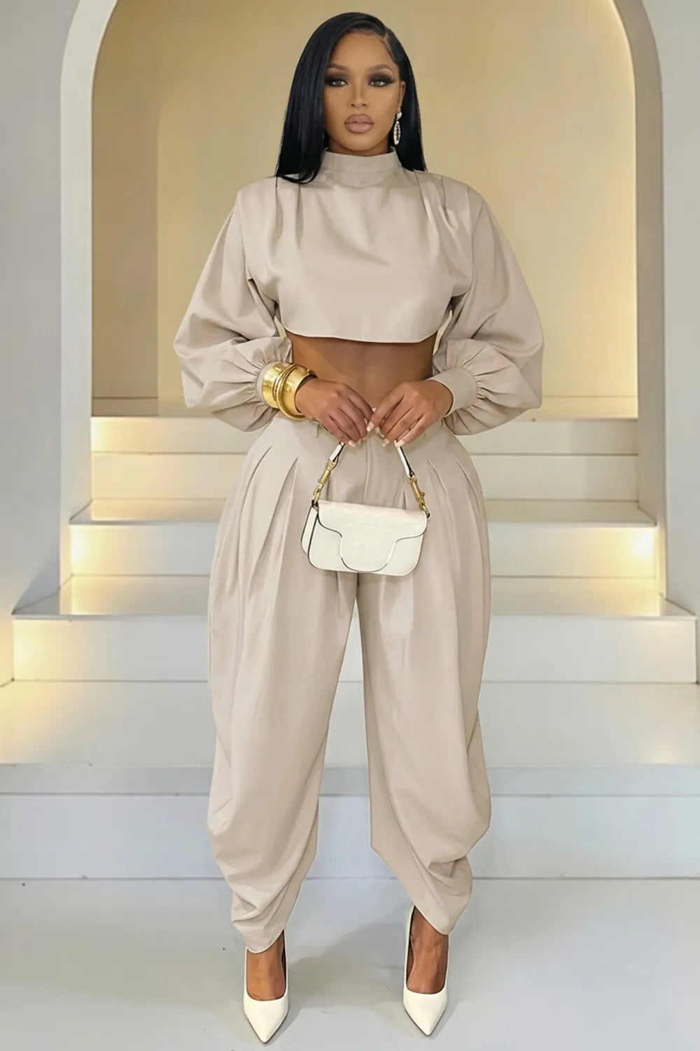 Mock Neck Lantern Sleeve Crop Top Cuffed Pants 2pcs Set-Apricot [Pre Order]