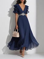 Purplish blue Pleated Rhinestone Chiffon V Neck Short Sleeve Ruffle Sleeve A-Line Maxi Mother of the Bride or Groom Dress