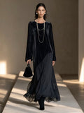 Black Velvet Chiffon Patchwork Long Sleeve Maxi Dress