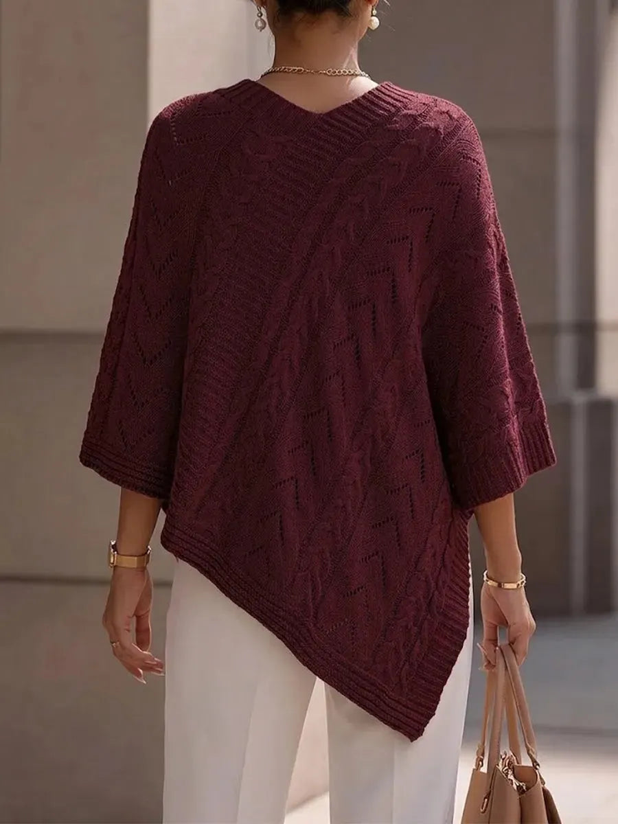 Cable Open‑work V‑neck Cape‑style Knit Top