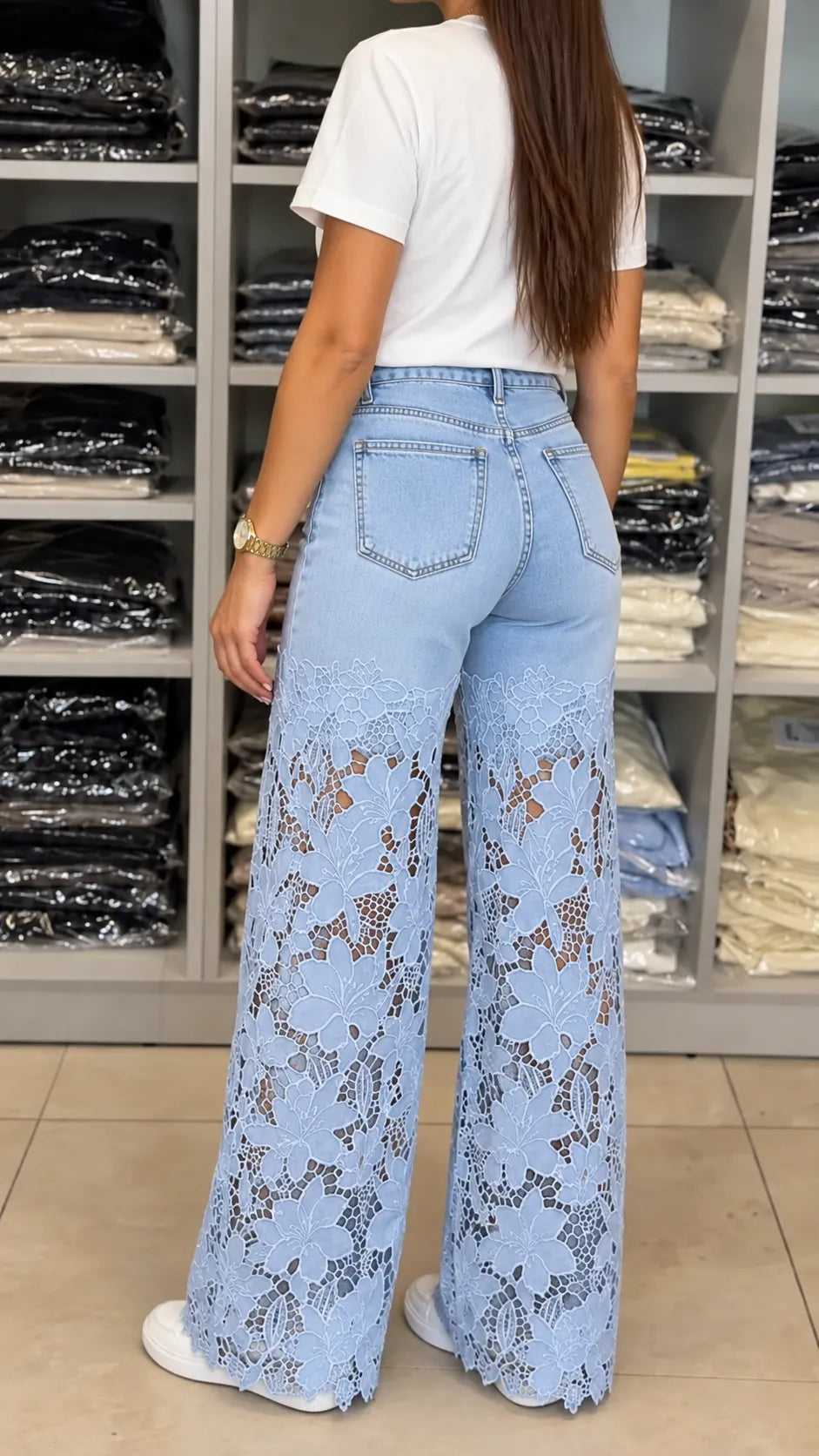 Lace Cutout Wide-Leg Jeans