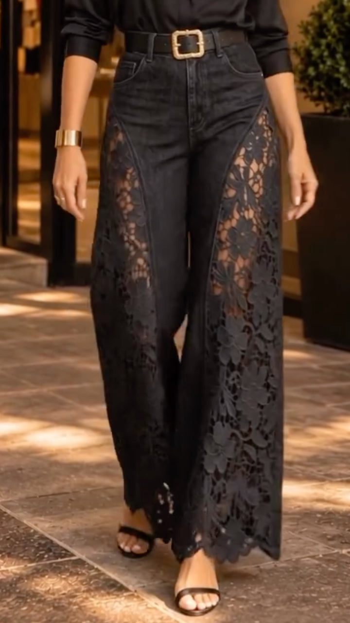Black Floral Lace-Panel Wide-Leg Jeans