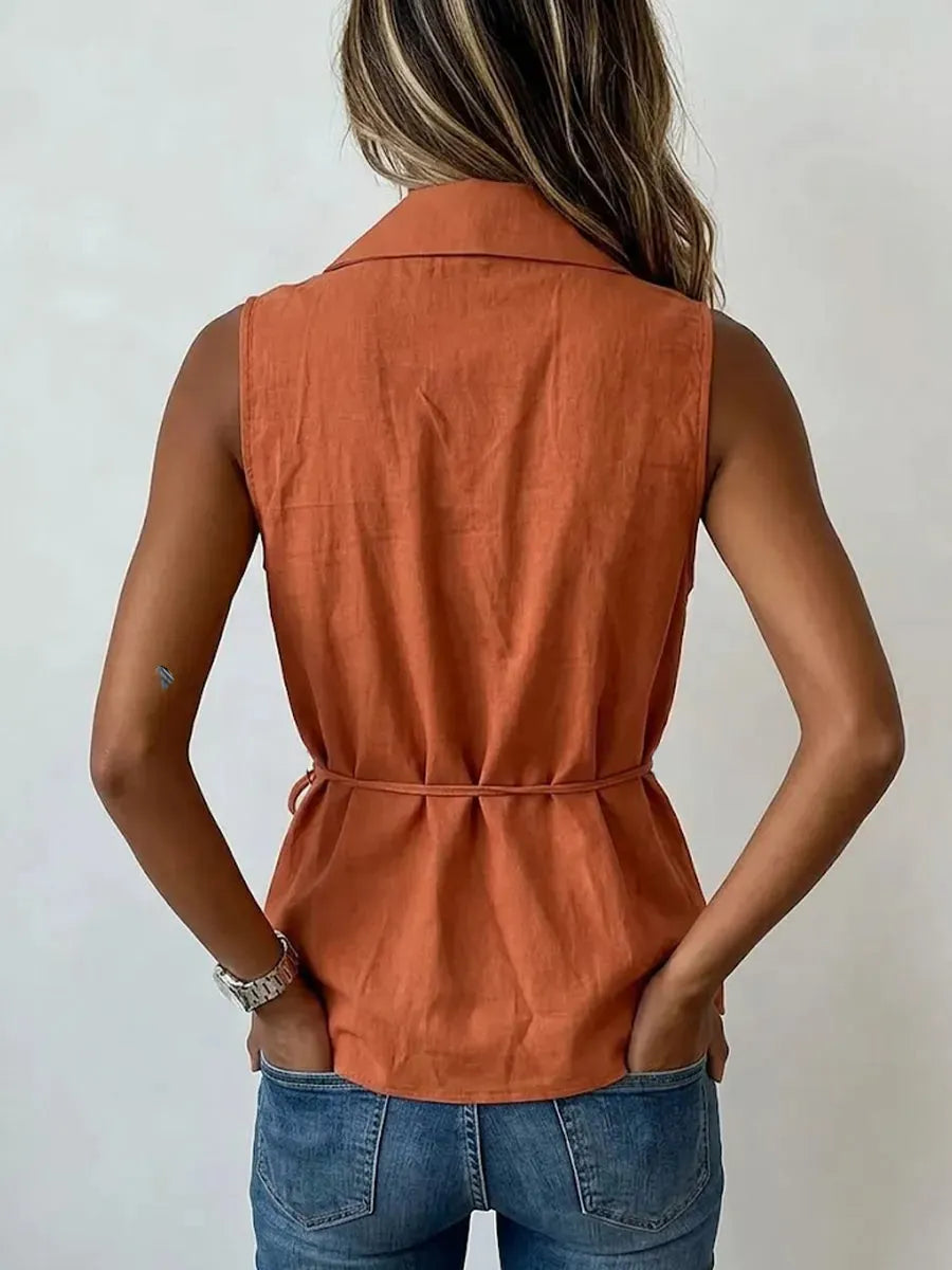 Casual Sleeveless Collared Linen-cotton Shirt