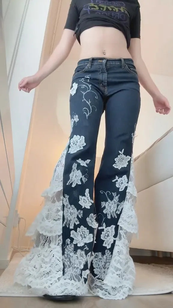 Dark Wash White Lace Ruffle Bell Bottom Jeans