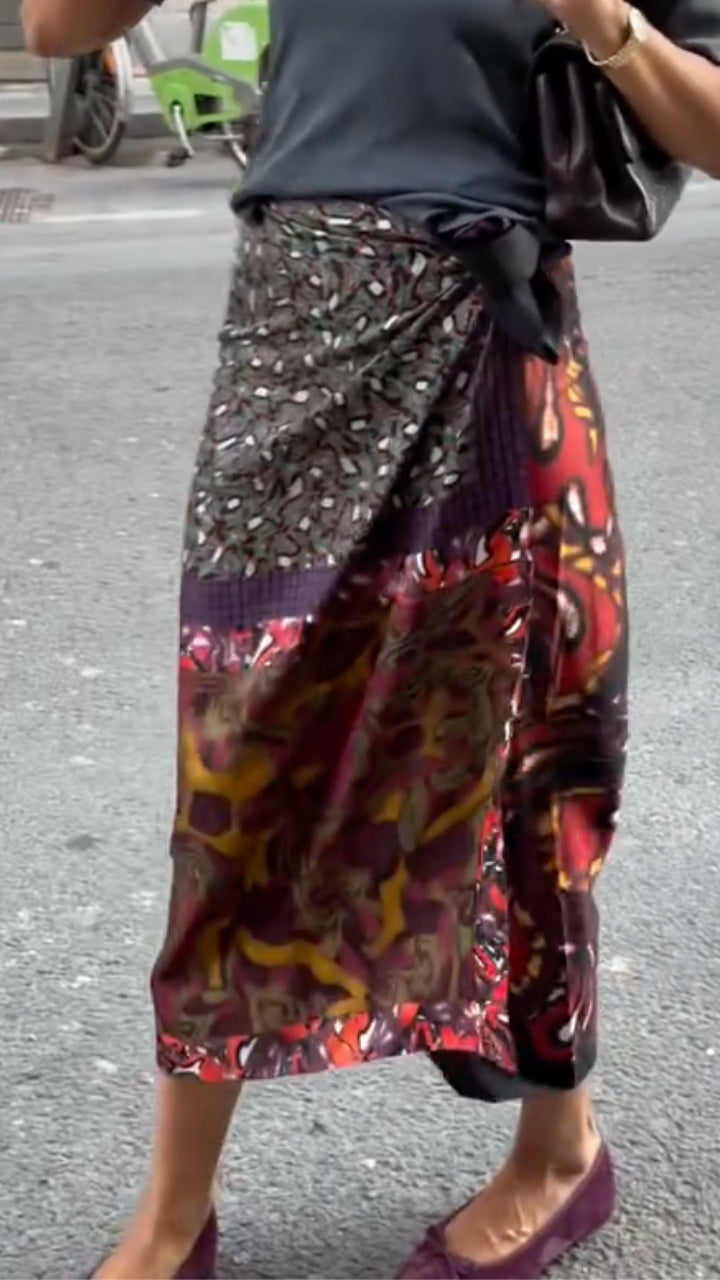 Patchwork Print Wrap Midi Skirt
